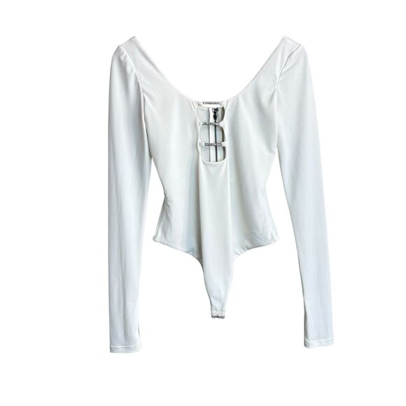 ALICE + OLIVIA bodysuit Crystal-embellished cutout Size XS White Long Sleeve New - Picture 1 of 8